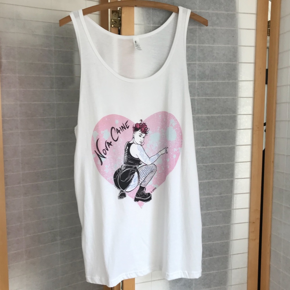 Nova Caine Canvas White Tank with Pink Heart and Black Graphic